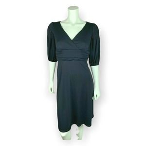 David Meister Dress Size 2 Women's Black V-Neck Smocked Puffy Sleeve Tie Belted